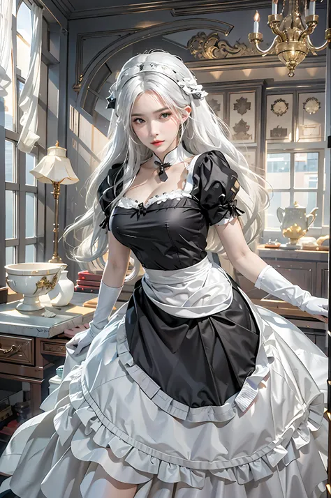 photorealistic, high resolution, 1women, solo, hips up, look at viewer, (detailed face), white hair, long hair, maid costume