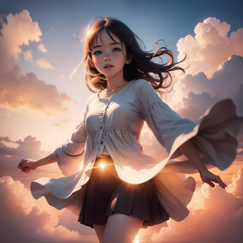 masterpiece, best quality, movie still, 1girl, cloud girl, floating in the sky, close-up, bright, happy, warm soft lighting, sunset, (sparks:0.7)