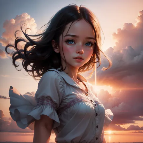 masterpiece, best quality, movie still, 1girl, cloud girl, floating in the sky, close-up, bright, happy, warm soft lighting, sunset, (sparks:0.7)