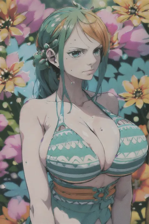 woman, bikini (big boobs), colorful, darl background,flower armor,green theme,exposure blend, medium shot, bokeh, (hdr:1.4), high contrast, (cinematic, teal and orange:0.85), (muted colors, dim colors, soothing tones:1.3), low saturation, nami one piece