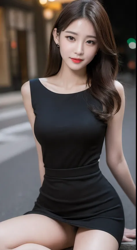 ((top quality, 8k, masterpiece: 1.3)), 1 girl, smile, full body, slim face, pretty woman, (dark brown hair), black chinese dress: 1.1, ultra detailed face, detailed eyes, double eyelids, blurred background, slim face, night view, outside, street, 1.1 big, ...