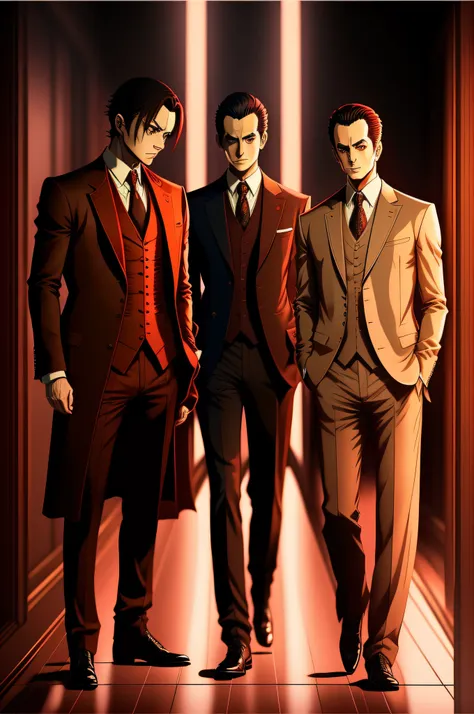 Light Yagami, wlliam james moriarty, Gojo Satoru in one frame; 8k, ultra detailed, rich deep color, increase cinematic lighting quality, master piece, painted