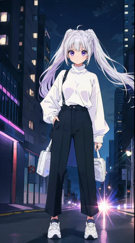 Girl, Silver White Hair, Two high ponutails Energetic, Light Blue Oversized turtleneck Sweater, Black Pants, City Background, happy, purple eyes