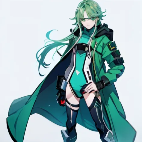 a man with green eyes looks at the camera, Boy with long teal hair, full body shot, anime style shading, Hot, beautiful namielle armor, betaset, hood up., high quality, Masterpiece High Aesthetic