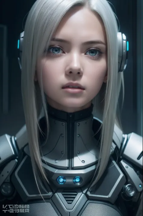 Ultra detailed mechanical cyberpunk female android center portrait, Looking into the camera, Convoluted, Elegant, The ultra -The high-definition, Smooth, Sharp Focus, non-blur, No degrees of freedom, Extreme illustration, Unreal、bustshot、13yo girl、silber h...