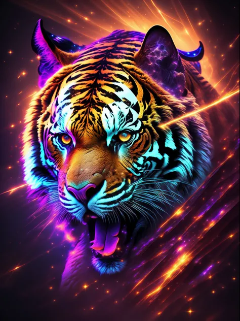 tmasterpiece, beste-Qualit, Art Station, Extremely detailed ,tiger ,Perfectly proportioned, Contrast display, ultra realistis, black backdrop, galaxy, Endless Lights, Strewn with fine flash details, 8K, 真实感, The vibrant, luminescent, Exciting, hyper-detali...