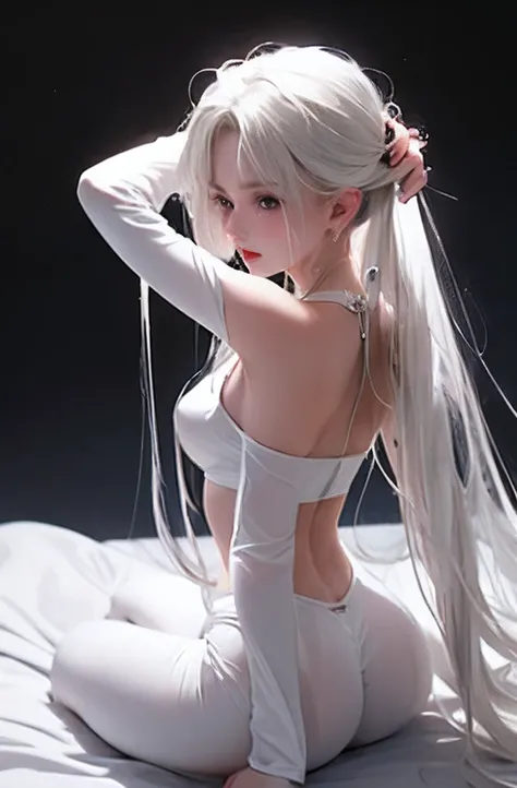 White tones，white colors，Sexy girl nipples，from the rear，tiny body，Petite，whaite hair，White hair，White bed，transparent silk pajamas ，thick long hair，Empty space，Pure white space