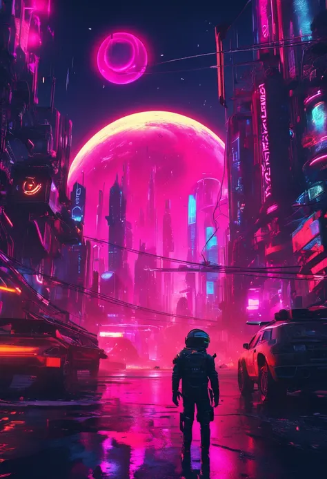 "Immerse yourself in a cyberpunk-inspired environment, A neon-lit world, Be captivated by the surreal sight of a ringed planet dominating the sky, Full of fascinating digital art."