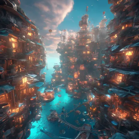 Colors (Fantasy: 1.2), (hayao miyazaki style), (Irregular Buildings Floating Under the Sea), developed country, Blue lighting, glass shards, splash water, A light, Artstation Competition Winner, Fantasy Art, (cyberpunkcity), Optical Axis, Realistic lightin...