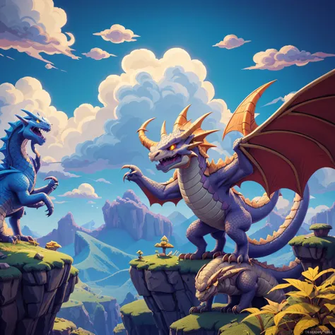 pixel game，game character design，good dragon，dragon smiling, a dragon looks like a happy one, pixel mountains，pixel clouds，16-bi...