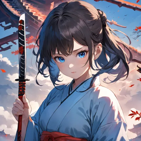 The beautiful girl is wearing a Taoist robe and holding a knife in her hand, her expression is relaxed and natural，The head was slightly raised，Danfengs eyes narrowed slightly，Looking at the clear blue sky