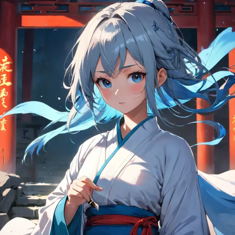 The beautiful girl is wearing a Taoist robe and holding a knife in her hand, her expression is relaxed and natural，The head was slightly raised，Danfengs eyes narrowed slightly，Looking at the clear blue sky