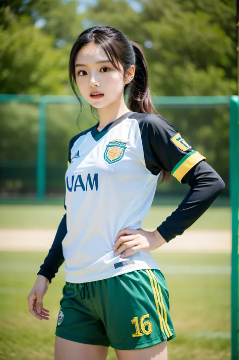 on a soccer field, Eri Kamei is confident in how she dresses as a soccer player々standing at. She is decorated with essentials: uniformss, Soccer Cleats, Shingard, A jersey that proudly displays the teams emblem or logo and her jersey number. Perhaps she is...