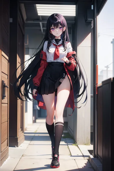 anime style photo of spring vasu, anime girl with long black hair and purple eyes, black uniform, red strips down sleeves, walking outside class room