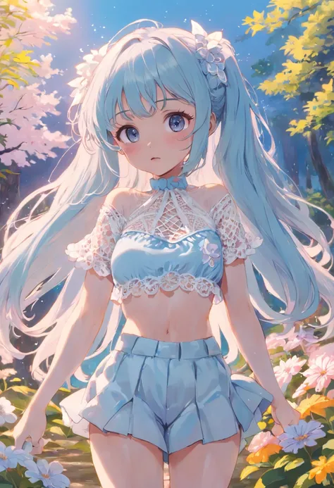 menina fada, wearing a crochet top, crochet top, fofo, baby blue, aesthetic, pastel, cores pastel, cropped, flores, borboletas, fairycore, goblincore, fada, elfo