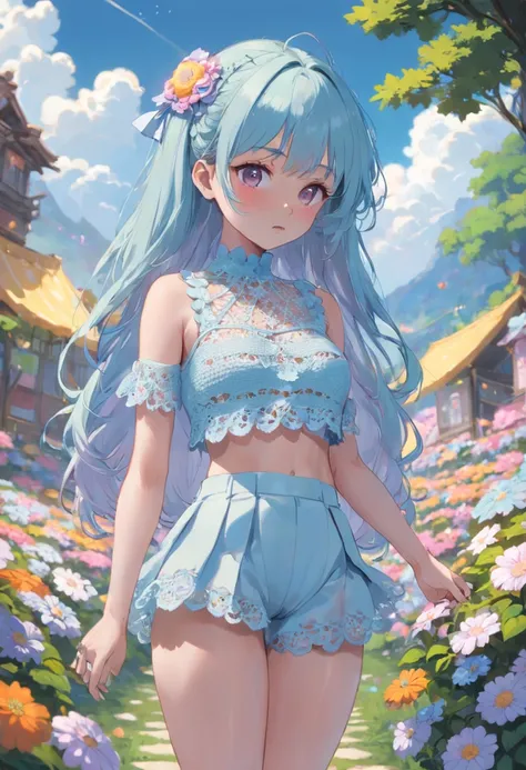 menina fada, wearing a crochet top, crochet top, fofo, baby blue, aesthetic, pastel, cores pastel, cropped, flores, borboletas, fairycore, goblincore, fada, elfo