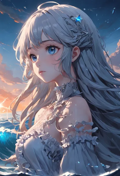 ((masterpiece)), ((best quality)), ((illustration)), extremely detailed,style girl, long shot, small breast,light grey very_long_hair, scifi hair ornaments, beautiful detailed deep eyes, beautiful detailed sky, beautifuldetailed water, cinematic lighting, ...