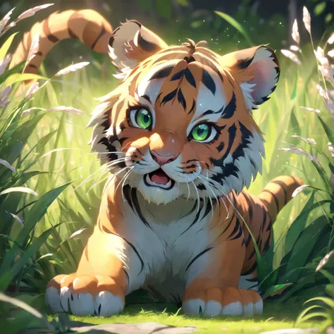 Cute little tiger，Fluffy，vivid expressions，Playing on the green grass，Biting your own tail，vivid expressions，natural soft light，Soft Focus Filter，ultraclear，Hyper-detailing，8K，a picture，3d rendered