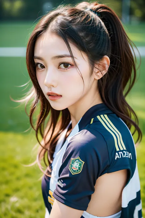 on a soccer field, Eri Kamei is confident in how she dresses as a soccer player々standing at. She is decorated with essentials: uniformss, Soccer Cleats, Shingard, A jersey that proudly displays the teams emblem or logo and her jersey number. Perhaps she is...