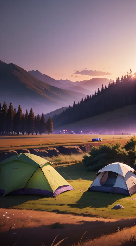 grassy fields，There are several tents in the distance,camping,As night fell，Purple sky，downy，Vertical composition，in a panoramic view，hiyao miyazaki，illustration