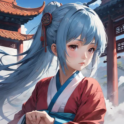 The beautiful girl is wearing a Taoist robe，With a knife in his hand, Her expression was relaxed and natural，The head was slightly raised，Danfengs eyes narrowed slightly，Looking at the clear blue sky