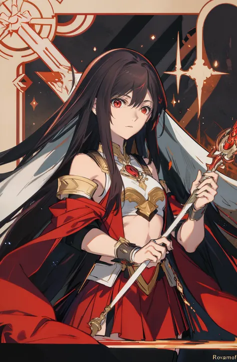 hair over shoulders，brunette color hair，Red eyes，magestic，cropped shoulders，short  skirt，Steady，The right hand holds the wand，Whole body diagram，Two-dimensional style