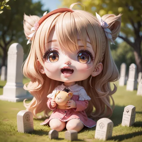 Cute Baby Chibi Anime,（（（Super masterpiece、top-quality、ultra-detailliert、1 girl in、Chibi：1.5））🧛‍♂️ドラキュラ🧛‍♂️、Smile with open mouth、a small face、Looking at the camera、A detailed face、highdetailskin、A dark-haired、Foreign cemetery in fairytale country、⚰️ Sit o...