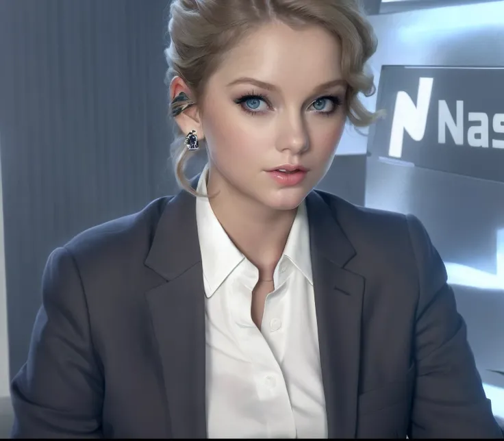 Araped woman in suit and white shirt sits in front of a NASL sign, Taylor Swift ,Ariana Grande , beautifull face , Best Quality