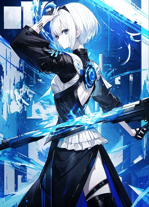 short white-hair、Black clothe、battle garments、cyberpunked、Refreshing background、Transparent skin、Blue、夏天、Black eyes，femele，back hand，a cool、Relax、Cool