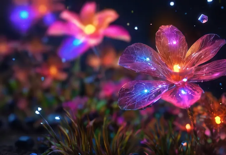 Crystal flowers, fanciful, milky ways, cleanness, Sparkling, Sparkling, Shining, Coloring, magic photography, The lighting is dramatic, Foto realism, ultra - detailed, 4K, depth of fields, A high resolution