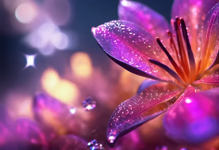 Crystal flowers, fanciful, milky ways, cleanness, Sparkling, Sparkling, Shining, Coloring, magic photography, The lighting is dramatic, Foto realism, ultra - detailed, 4K, depth of fields, A high resolution