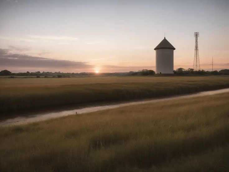 Dark clouds covering the sky, casting an ominous aura. A vast expanse of lush green fields stretches out before the viewer, contrasted against the gloomy backdrop. A solitary figure walks through the fields, their presence adding a sense of mystery and int...