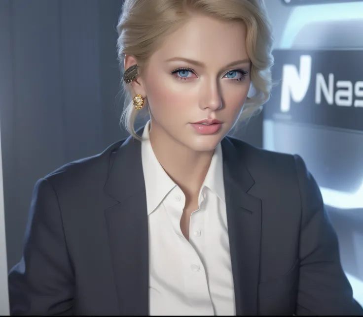 Blonde woman in suit and earrings sitting in front of a NASA sign, realistic digital painting, Very realistic digital art, Very realistic digital art, highly detailed vfx portrait, hyperrealistic digital painting, Ultra Realistic Digital Painting, realisti...