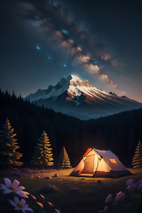 Expansive landscape photograph，（look from down，Above is the sky，Below is an open field of flowers），Triangular tent in the distance，starrysky，（moon full：1.2），（meteors：0.9），（Starcloud：1.3），Far Mountain, Tree BREAK making art，（Warm light source：1.2），（glowworm...