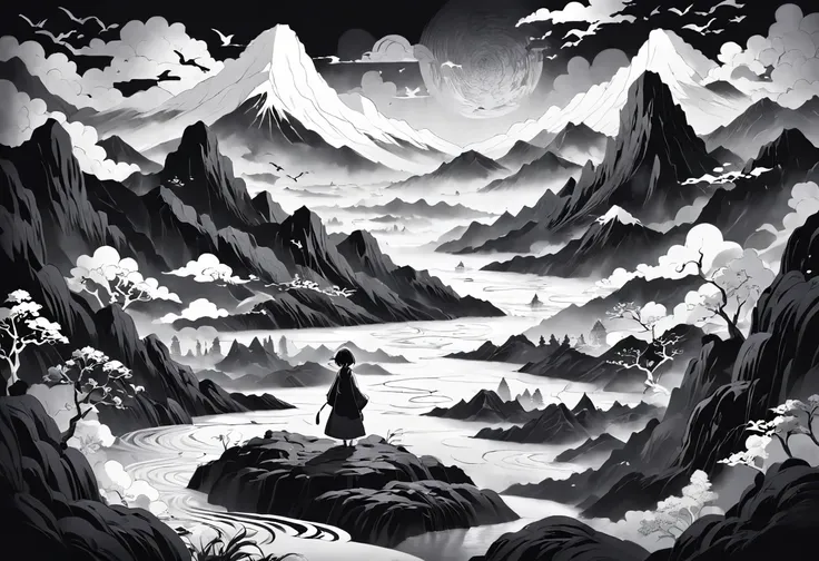 Black and white round paper cutout landscape with character landscape diagram background, People are looking at the mountains, rivers and the sea of clouds, Exquisite traditional paper-cutting art, Black and white traditional style, Black and white colorin...