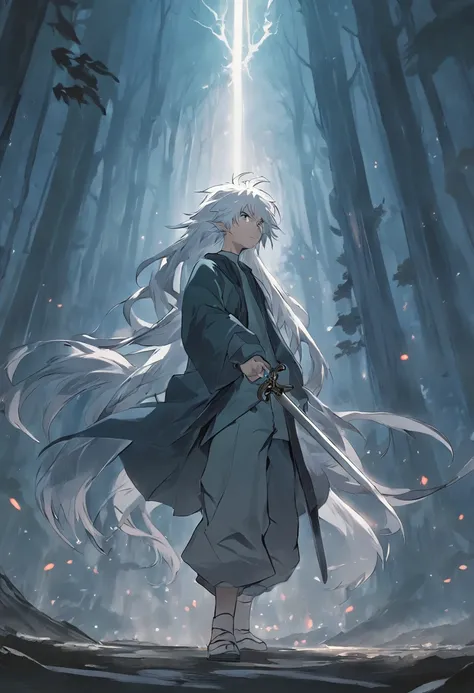 Deep mountains and old forests, lakeside, the night, Silver-haired teenager, The nine-tailed demon fox was behind the boy, The black longsword is inserted into the ground。, silver hair, long hair, anime, ray tracing, cinematic lighting, from side, perspect...