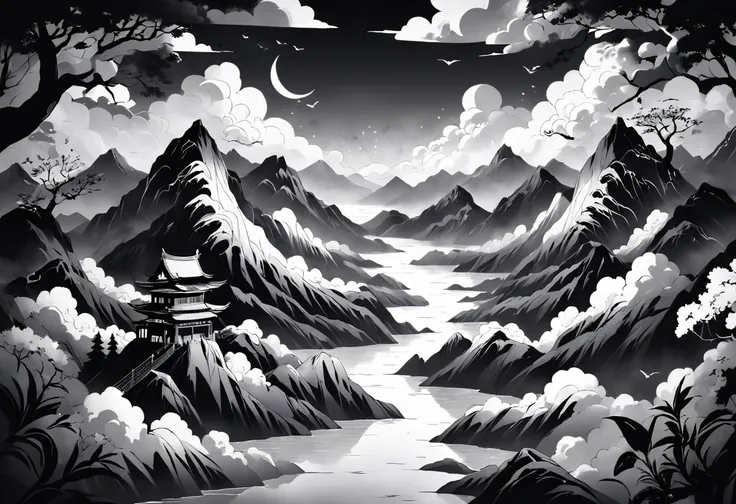 Black and white round paper cutout，Mountain and river diagram background, People are looking at the mountains, rivers and the sea of clouds, Exquisite traditional paper-cutting art, Black and white traditional style, Black and white coloring