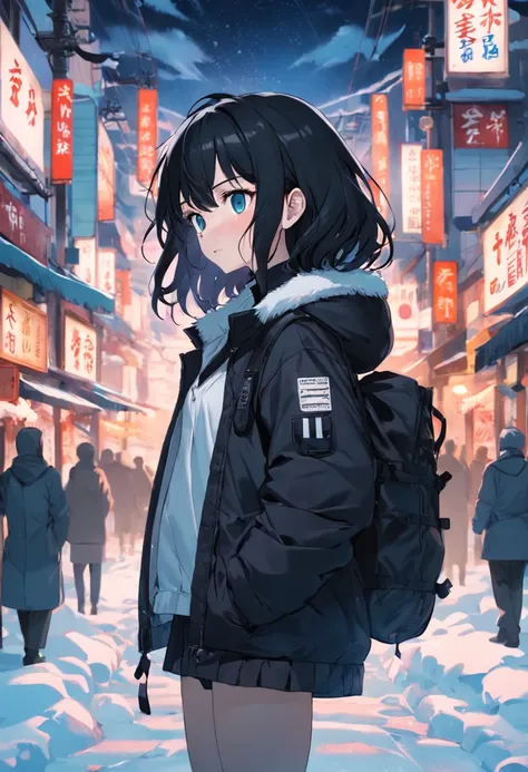 black color hair，White down jacket，snowfield，being thin，With black-framed glasses，Put your hands in your pockets，arm