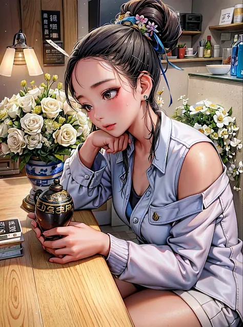 There was a woman sitting at the table，Holding a vase of flowers in his hand, With flowers, dilraba dilmurat, 19-year-old girl, xintong chen, she is about 2 5 years old, Handsome girl, Cai Xukun, she is about 1 6 years old, she is about 20 years old, she i...