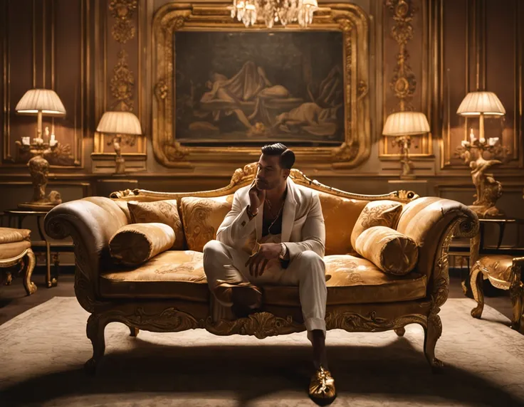 a man sits on a luxurious sofa in a lavishly decorated room. By his side, a majestic tiger reclines gracefully, its presence adding an air of both power and serenity to the scene.

Art mediums: Oil painting,
Camera model: N/A,
Lighting style: Soft, warm, a...