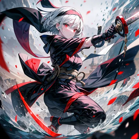 japanese castle background,1 ninja,sarashi,black bandana,black ninja,white hair,short hair,red eyes,Japanese sword,swing a sword,depth of field,foreshortening,fighting stance,upper body,1girl