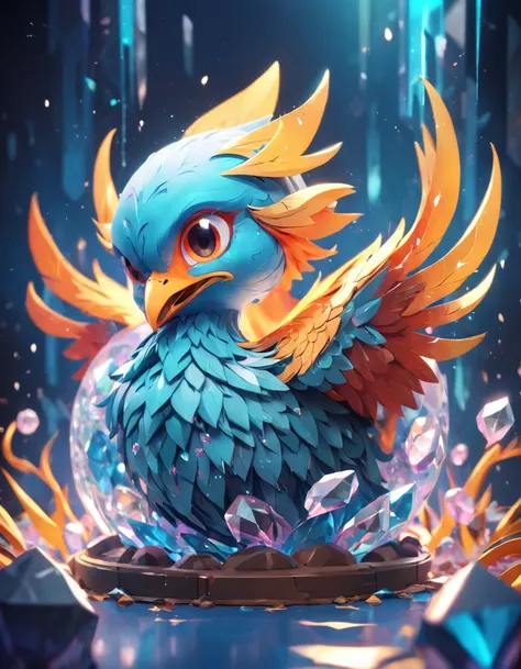 A cute cute little phoenix made of crystal balls，Highly detailed intricate concept art trend for low-poly eyes ArtStation 8K