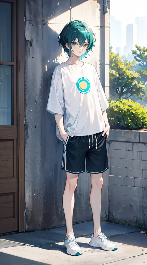 (A nineteen-year-old boy)，Blue-green hair ，The sun shines，Black colored eyes，combed hair，short detailed hair，White top pajamas，Bottoms super shorts，athletic sneakers，Place your hands naturally at your sides，standing on your feet，full bodyesbian