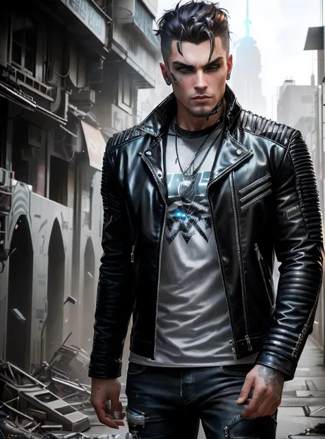 A man in a leather jacket stands in the city, Stylized urban fantasy artwork, urban fantasy style, wearing cyberpunk leather jacket, seductive cyberpunk dark fantasy, portrait of a cyberpunk man, cyborg fashion shot, centralized urban fantasy, cyberpunk fa...