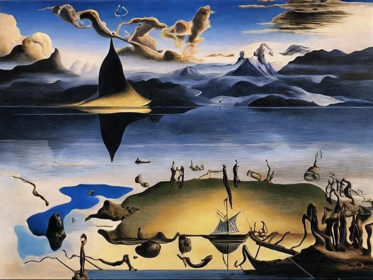 real picture、Dark、sky,lake, Dali, salvador dali painting, by Salvador Dali, masterpiece surrealism, surrealist artwork, surrealism painting, surrealism art, in style of salvador dali, surrealist art, style of salvador dali, salvador dali style, and Salvado...