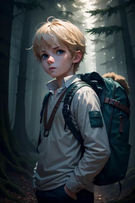 Create for me an art of a boy in a dark forest, with a backpack on his back and a treasure map in his hand, dense and dark forest emanating fear, blond boy, blue eyes, with a strong determination