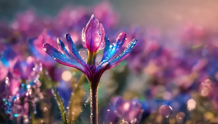 Crystal flowers, fanciful, milky ways, cleanness, Sparkling, Sparkling, Shining, Coloring, magic photography, The lighting is dramatic, Foto realism, ultra - detailed, 4K, depth of fields, A high resolution，Blue flowers，Ice blue，with light glowing，small fl...