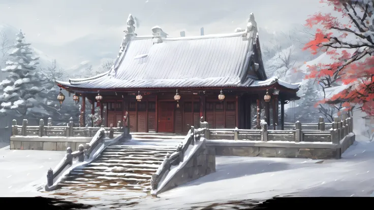 gray stone pillars and steps，the top is white snow，dark reddish-brown wooden house，oyuki