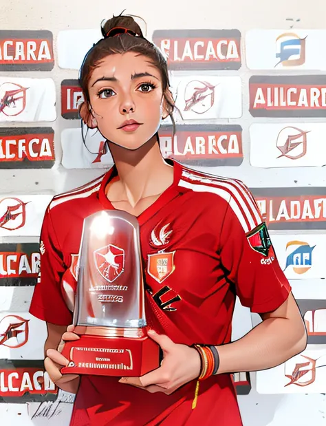 arafed woman short dark hair in a benfica red shirt holding a trophy in front of a wall, simona sbaffi is the captain, looks lik...