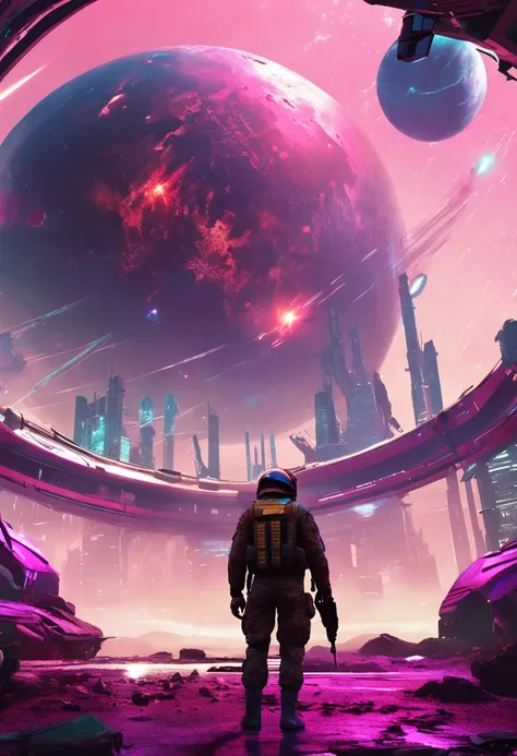 "Immerse a british soldier in a cyberpunk-inspired environment, A neon-lit world, Be captivated by the surreal sight of a ringed planet dominating the sky, Full of fascinating digital art."